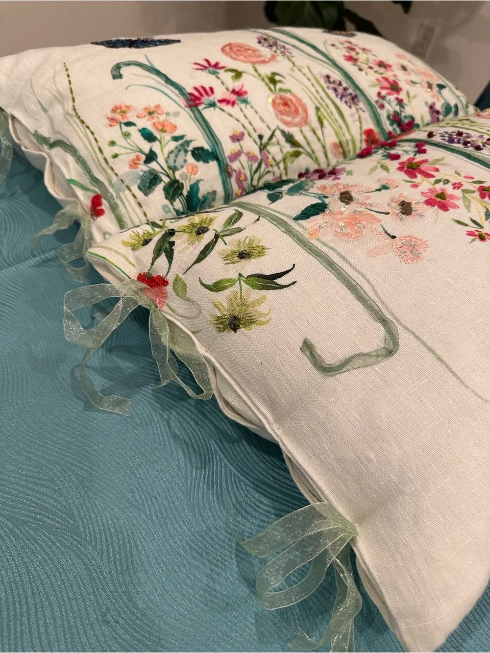 Set of 2 Embroidered Floral Butterfly Lumbar Pillows 12x23 Beaded Sequin